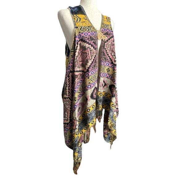 Boho Hippie Southwest Print Fringed Vest One Size - Picture 2 of 8